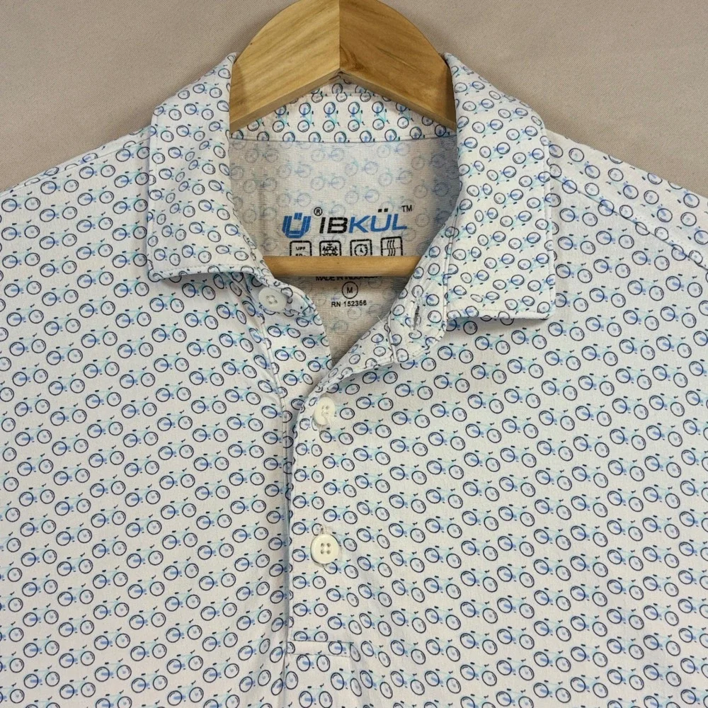 IBKUL Polo Shirt Mens Medium White Blue Bicycle Print IceFil UPF 50 Golf Travel